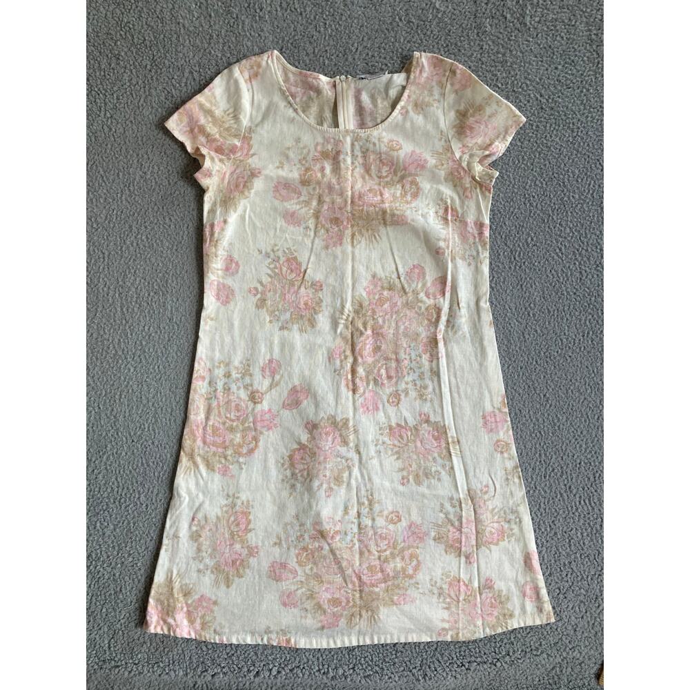 Eileen West Mini Dress 10P Linen Floral Short Sleeve Cream Pink Cottage Retro 10